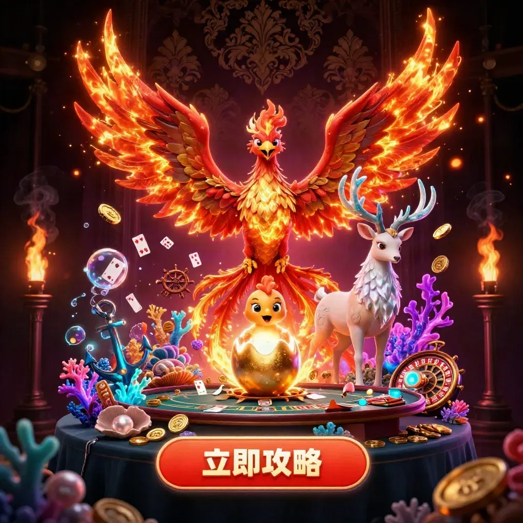 Burung phoenix api, anak phoenix, dan rusa mistis di lautan harta kasino mewah bernuansa emas.