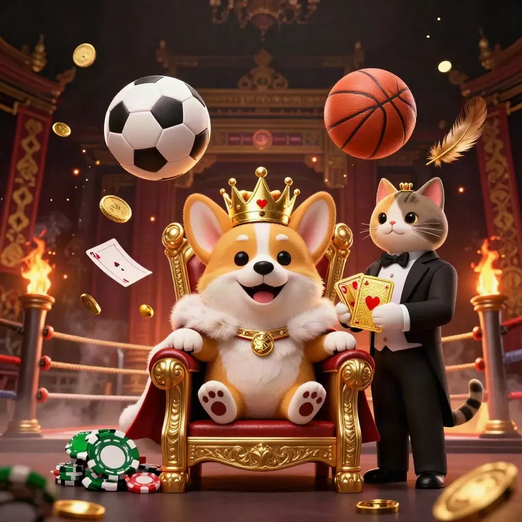 Korgi mahkota dan butler kucing di takhta chip, bola dan koin melesat.