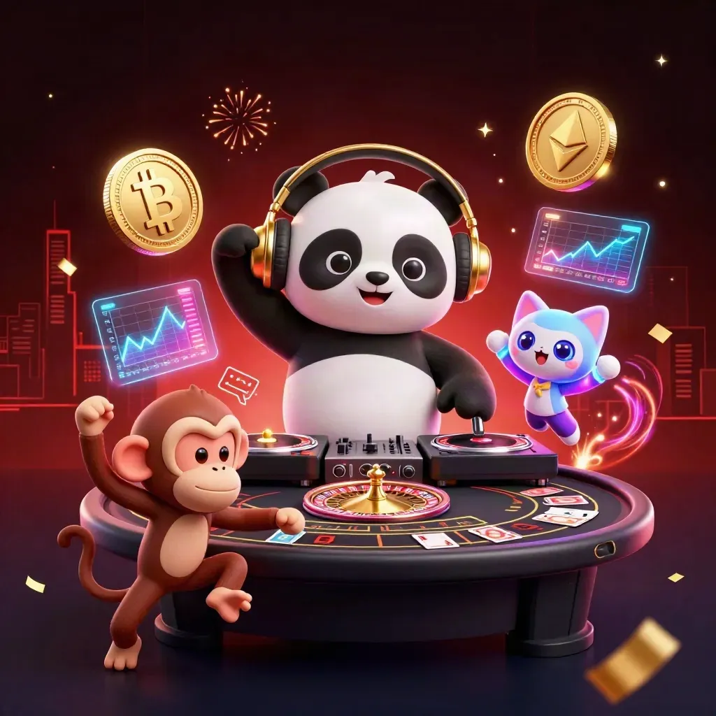 Panda DJ, monyet breakdance, dan kucing neon di kasino futuristik dengan koin kripto.