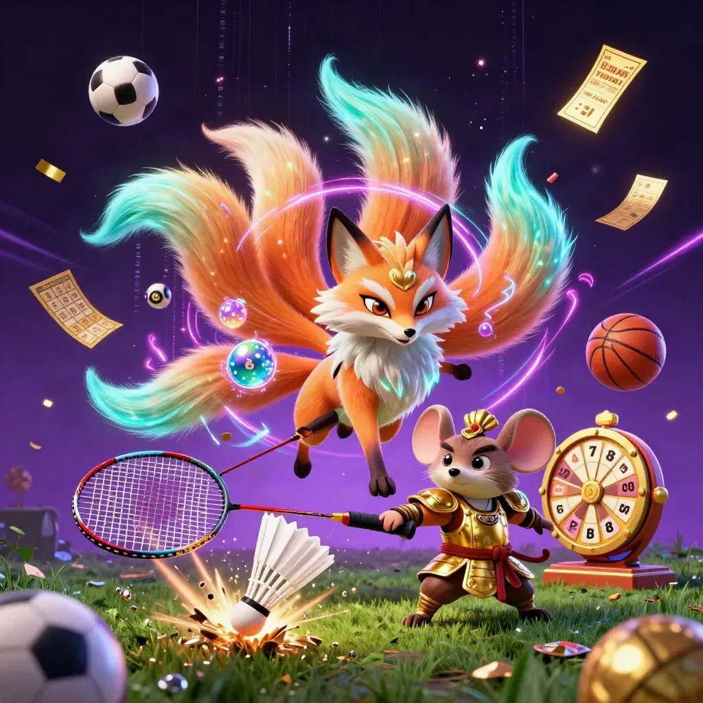 Rubah berekor sembilan dan tikus samurai emas mengejar shuttlecock di ledakan neon kasino.