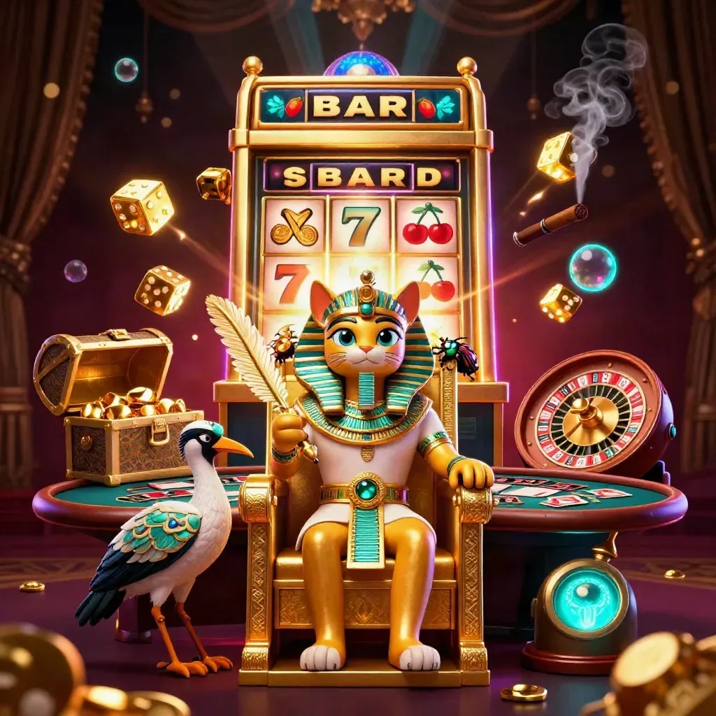 Pharaoh cat, ibis, dan scarab di aula kasino mewah dengan mesin slot dan emas