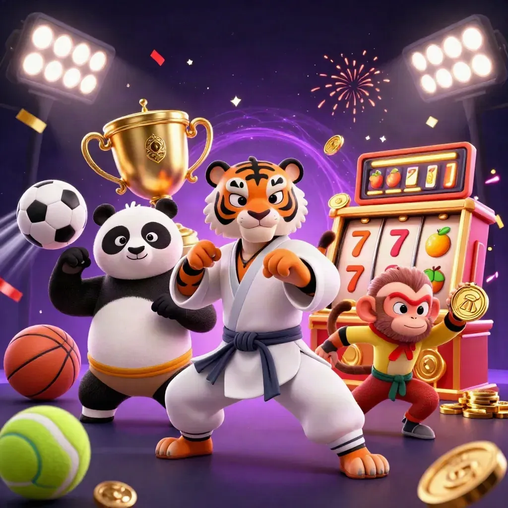 Harimau kung-fu, panda, dan monyet di tengah bola, trofi, koin, dan kilau kasino mewah.