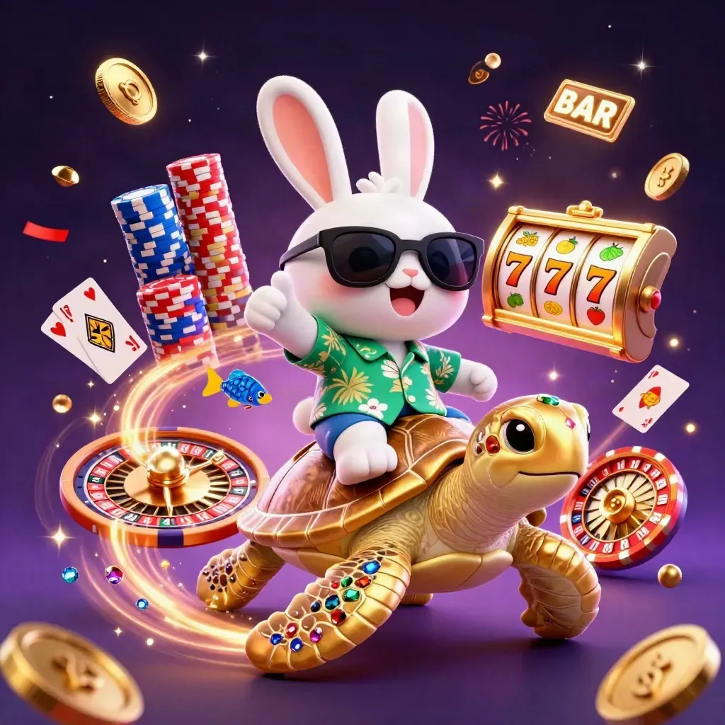Kelinci 3D berkacamata di atas kura-kura emas, dikelilingi koin, permata, chip, dan cahaya kasino.