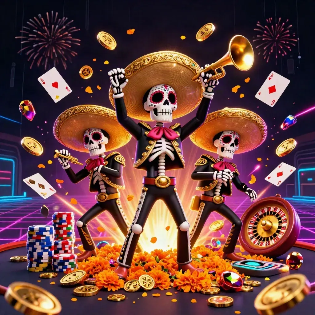 Tiga skeleton mariachi meriah dikelilingi koin emas, kartu, chip, dan cahaya neon kasino.