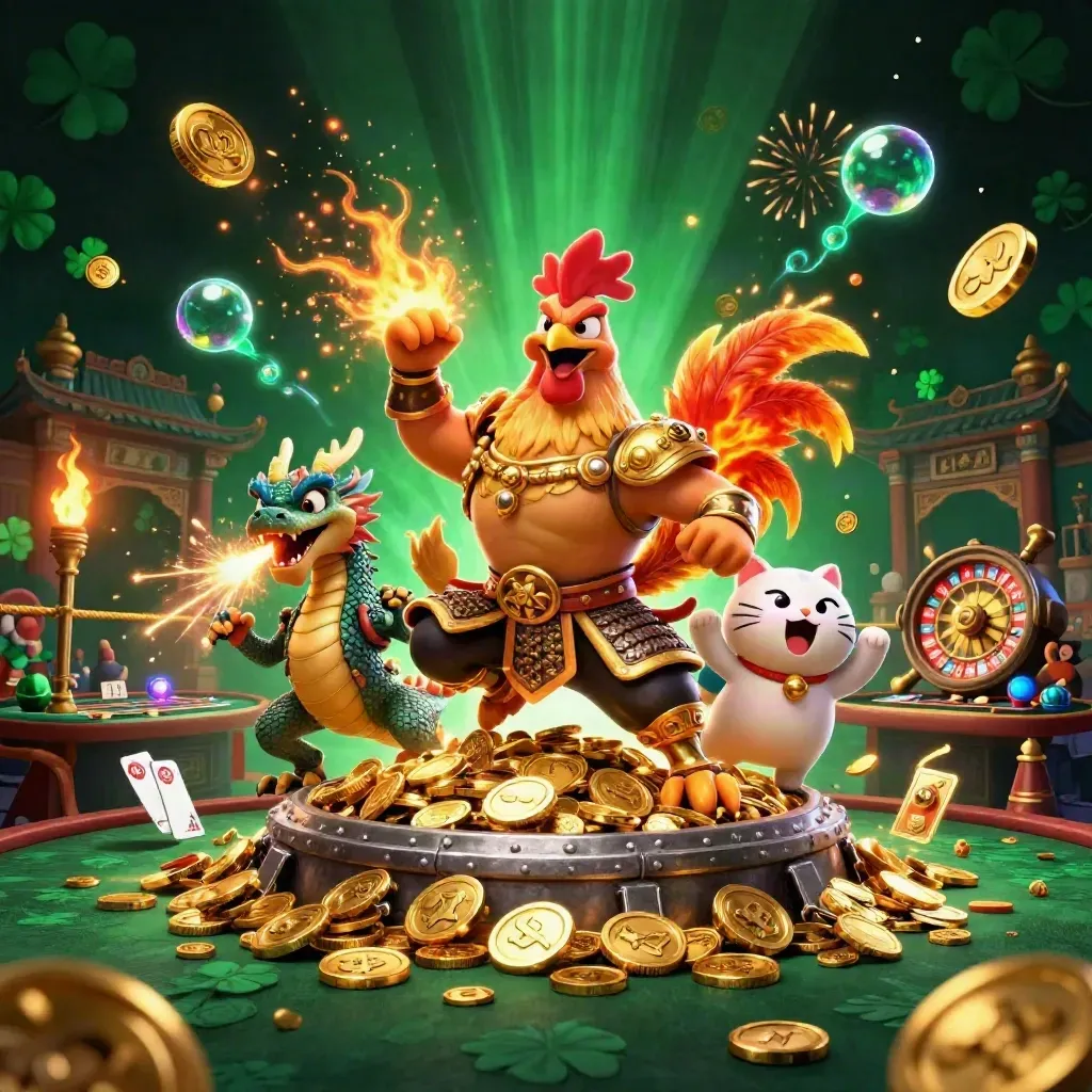 Ayam samurai emas, naga kecil, dan kucing keberuntungan di tengah ledakan koin emas dan lampu neon.