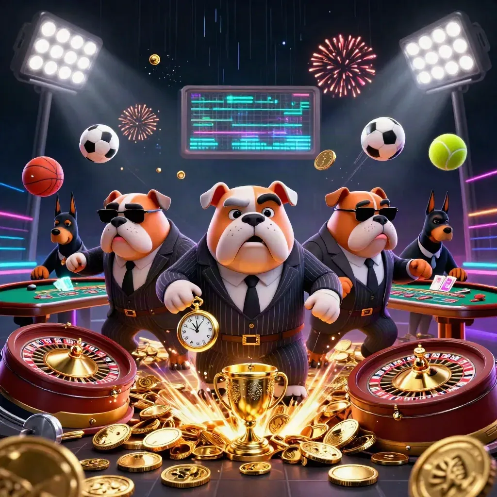 Bulldog mafia dan dua doberman dikelilingi koin emas, bola olahraga, dan efek neon kasino mewah.