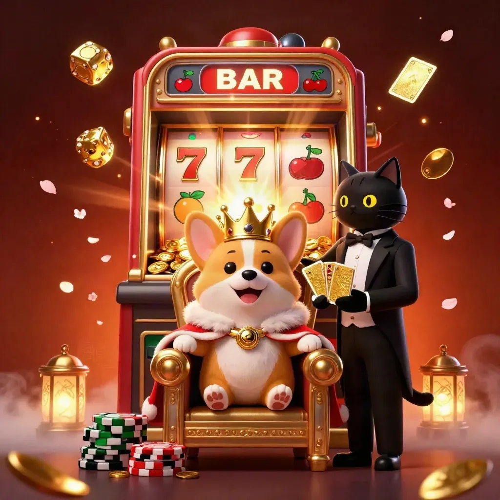 Corgi raja dan kucing pelayan di mesin slot emas meledak, dikelilingi koin, petasan, dan runa.